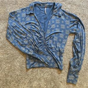 Free People Blue Sydney Chambray Combo Bishop Sleeve Top Size XS